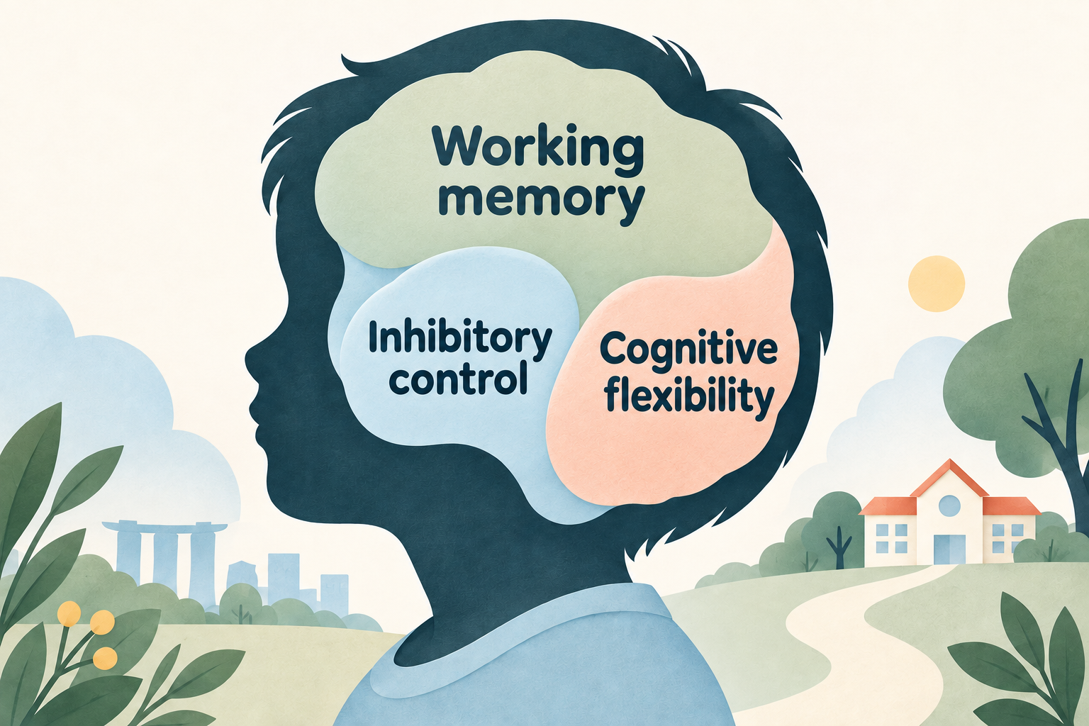 Conceptual child-head silhouette labelled Working memory, Inhibitory control and Cognitive flexibility; not an anatomical diagram