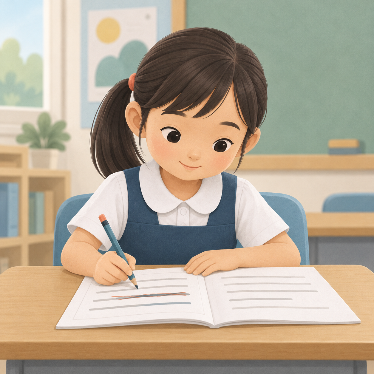 An illustrated child smiling thoughtfully as she reviews and revises a piece of writing
