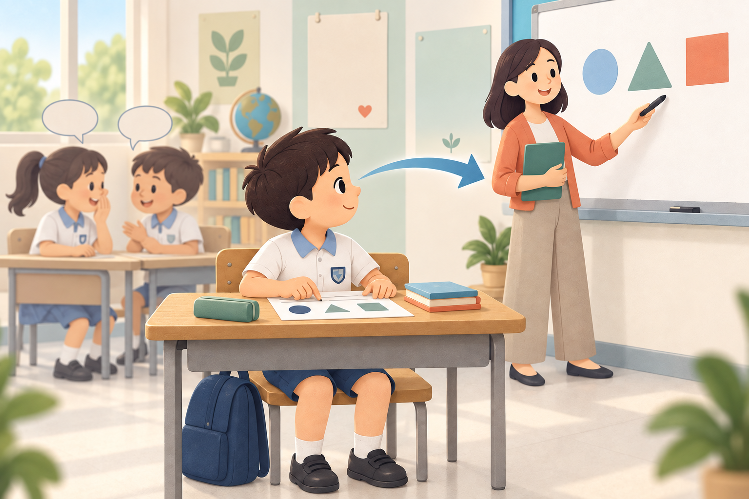 Illustration showing a child returning to classroom work after a distraction
