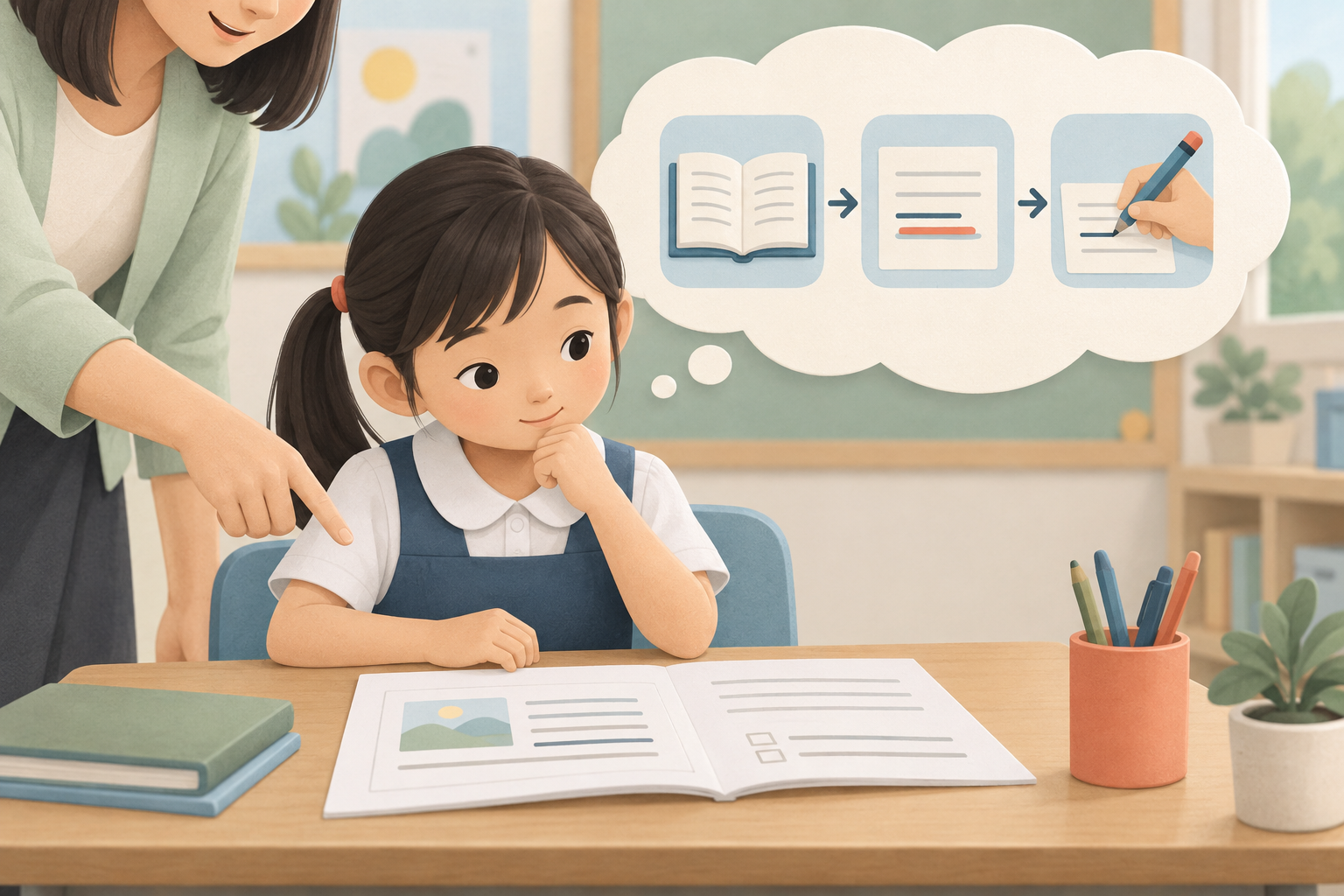 Illustrated child considering the three steps read, underline and write, with a teacher beside her