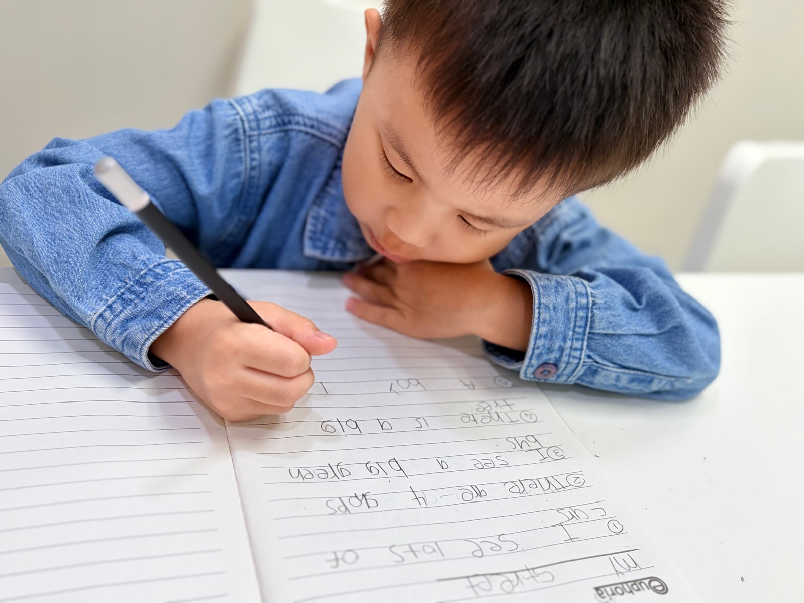 A preschool learner in a blue shirt practising sentence writing