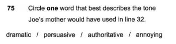 A question asking the child to select one of four supplied words to describe a character’s tone